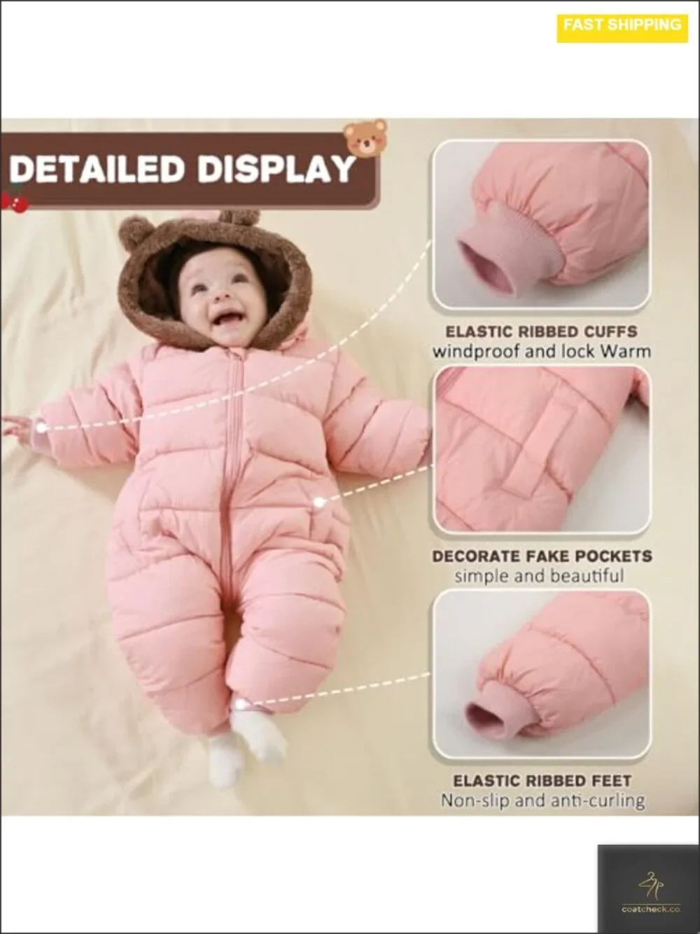 Baby Winter Snowsuit Hooded Jumpsuit Waterproof Fleece Lined One Piece